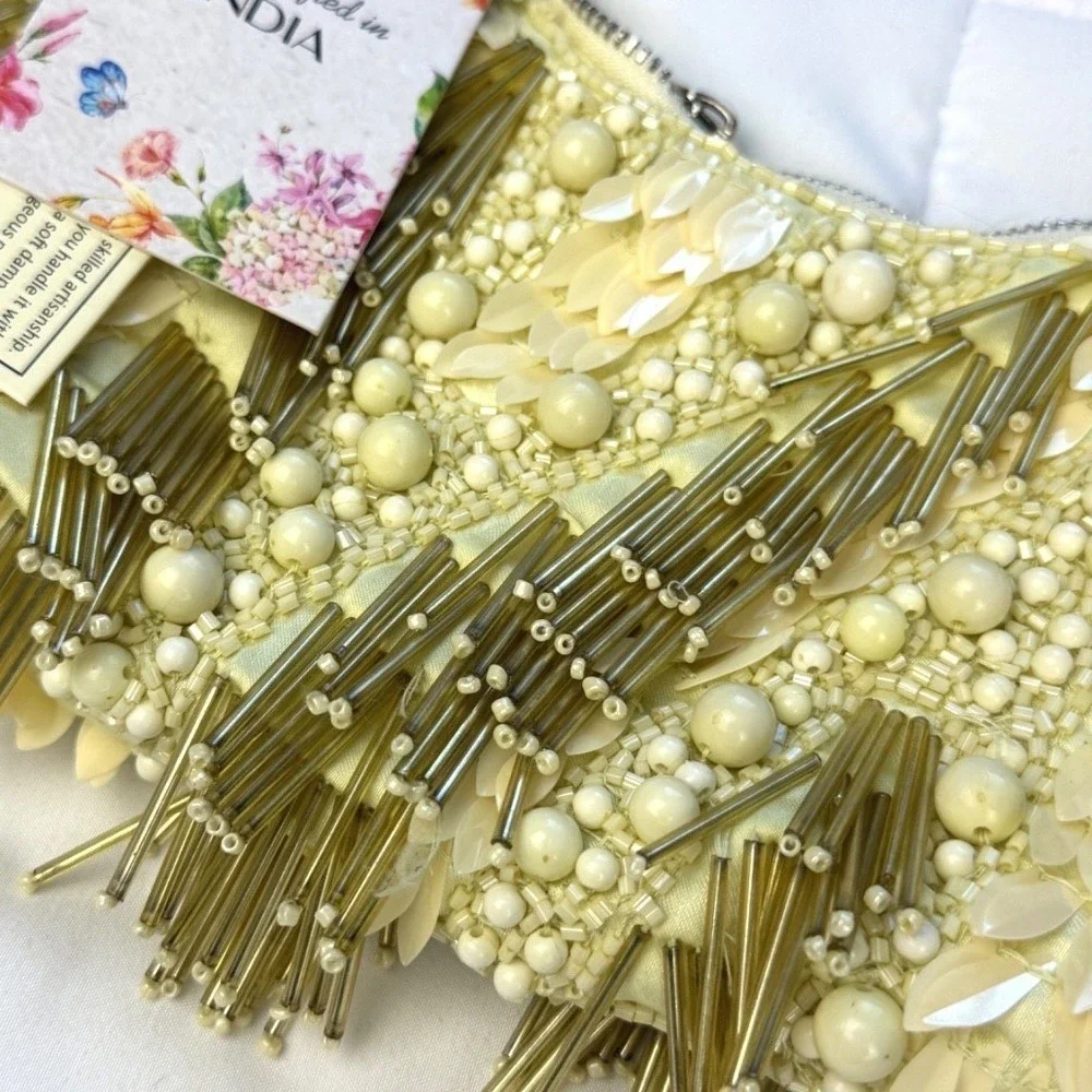 Handcrafted in India Light Yellow Fringe  Spike Beaded Bag Viral TikTok New BOHO